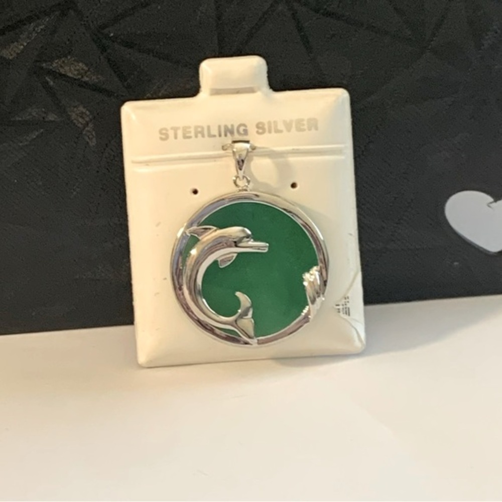 Sterling Silver Dolphin Pendant with Green jade accent